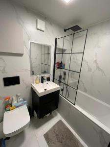 a bathroom with a sink and a shower and a toilet at Modern & Compact 1BD Flat - Caledonian Road in London