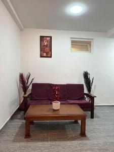 een woonkamer met een paarse bank en een salontafel bij Mira loft in Bejaïa
