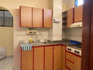 a kitchen with wooden cabinets and a sink at Encantador apartahotel en el centro de San Gil in San Gil