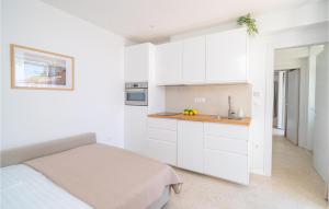 ドゥブロヴニクにあるBeautiful Apartment In Dubrovnik With Jacuzziの白いキッチン(ベッド1台、シンク付)