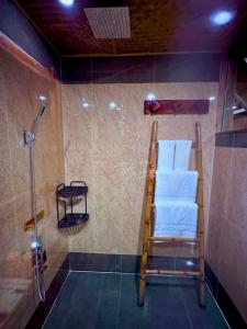 La salle de bains est pourvue d'une échelle et d'une douche avec des serviettes. dans l'établissement Bac Ha Charm Stay, à Bắc Hà