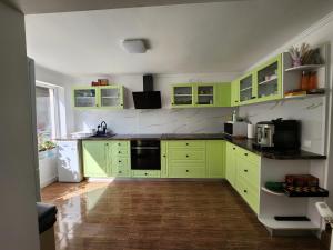 a kitchen with green cabinets and a wooden floor at Casa Turta Dulce in Buşteni