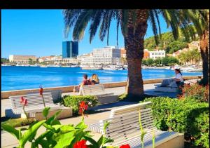 a group of people sitting on benches by the water at S Type Apartment in Split
