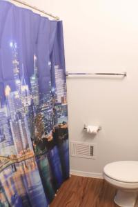 a bathroom with a shower curtain and a toilet at 3 BR Southside Loft - Amazing Location in Pittsburgh