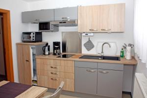a small kitchen with a sink and a microwave at Ferienwohnung Brandshagen in Reinberg