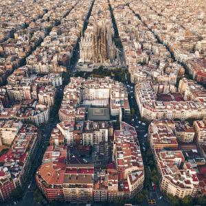 an aerial view of a city with a cathedral at TOC Hotel Las Ramblas in Barcelona