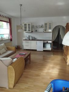 ein Wohnzimmer mit einem Sofa und einer Küche in der Unterkunft Thüringer Pforte in Gorsleben