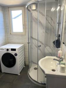 een badkamer met douche en wastafel en een wasmachine bij Mooie chalet met grote tuin dichtbij Amsterdam in Opmeer