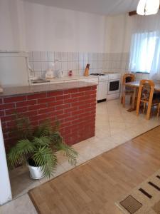 a kitchen with a brick wall and a table and chairs at Barun apartman in Lusnić