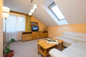 Una sala de estar con un sofá y un televisor. en Hotel Polovnik, en Demänovská Dolina