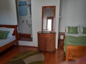 a bedroom with a mirror and a bed and a sink at Pensiunea Casa Brancusi in Peştişani