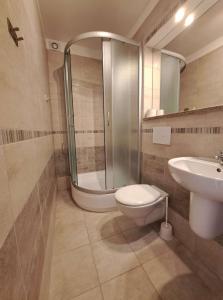a bathroom with a shower and a toilet and a sink at Emides in Pobierowo +28 photos