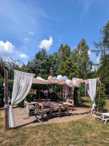 a gazebo with balloons and a table and chairs at GA Grudzianka in Lwówek