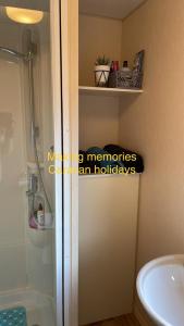 a bathroom with a shower and a sink at Making Memories Holiday Caravan in Skegness