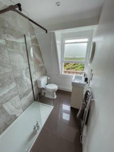 a bathroom with a shower and a toilet and a sink at The Great Pulteney Penthouse, Bath City Centre in Bath +17 photos