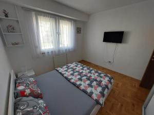 een slaapkamer met een bed en een flatscreen-tv bij Apartment Gelić Family in Kumanovo
