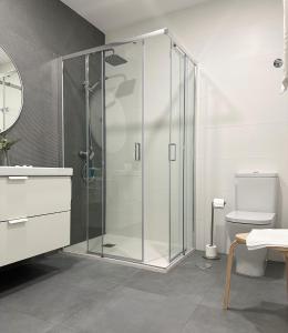 eine Glasdusche in einem Badezimmer mit Toilette in der Unterkunft APARTAMENTOS FREIXO-Rias Baixas in Cangas