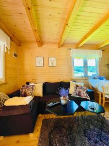 ein Wohnzimmer mit einem Sofa und einem Tisch in der Unterkunft Domek Nida in Polańczyk