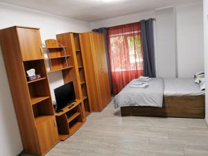 a bedroom with a bed and wooden book shelves at La Bloc in Băile Herculane +4 photos