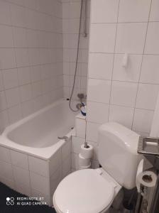 La salle de bains est pourvue de toilettes, d'une baignoire et d'un lavabo. dans l'établissement Appartement Magnifique dans un beau cadre, à Bruxelles