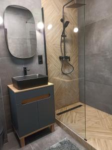 een badkamer met een wastafel en een spiegel bij Big Blue Apartments nr 6 - 3 osobowy in Władysławowo