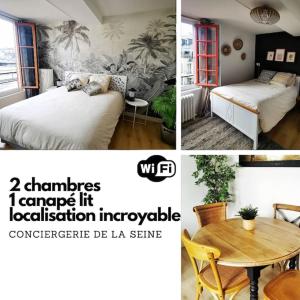 a collage of three pictures of a room with a bed and a table at Mademoiselle de Champmeslé in Rouen