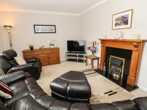 a living room with a leather couch and a fireplace at 24 Dolithel in Tywyn