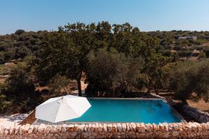 an umbrella and a swimming pool with trees at Trulli Meridiem con Piscina in Ostuni