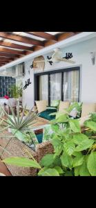 ein Wohnzimmer mit vielen grünen Pflanzen in der Unterkunft Villa with pool close to the sea in Saint-Gilles-les-Bains