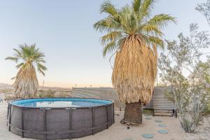 a swimming pool with two palm trees and two benches at NEW PROPERTY! The Cactus Villas at Joshua Tree National Park - Pool, Hot Tub, Outdoor Shower, Fire Pit in Twentynine Palms