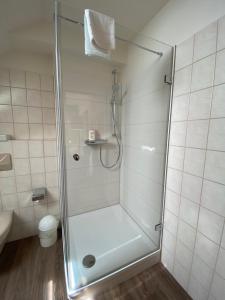 a shower with a glass door in a bathroom at Hotel Sonnenhügel in Bad Bevensen