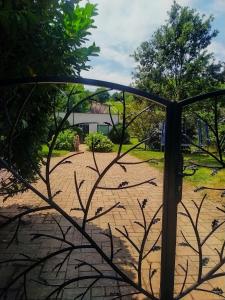 a glass door with a view of a yard at Bíbor-lak ökoszálláshely in Pannonhalma