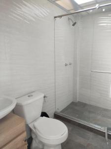 a white bathroom with a toilet and a shower at Hotel viajeros in El Mesón