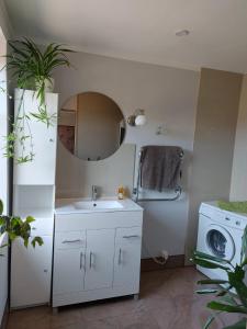 a bathroom with a sink and a washing machine at PēterGailis17 in Ventspils