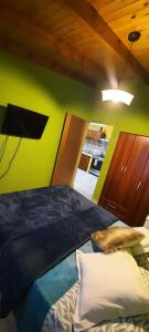 a bedroom with a dog laying on a bed at Lo de Kami in Ushuaia