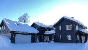 een zwart huis met sneeuw op het dak bij Flott leilighet på Haugen i Sirdal in Tjørhom