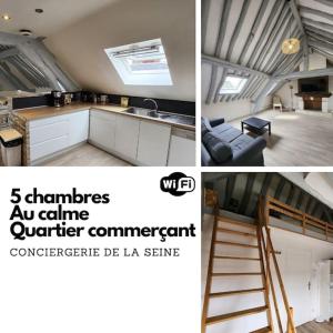 eine Collage mit drei Bildern einer Küche und eines Hauses in der Unterkunft Le Saint Julien - 5 chambres, spacieux et calme in Rouen