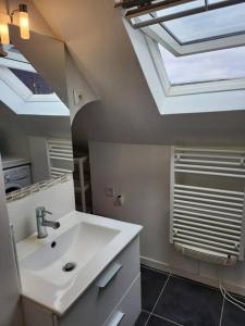 ein Badezimmer mit einem Waschbecken und einem Dachfenster in der Unterkunft Le Saint Julien - 5 chambres, spacieux et calme in Rouen