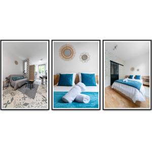 3 Bilder von einem Schlafzimmer mit einem Bett und einem Wohnzimmer in der Unterkunft Le Gacon - Appartement centre ville in Vichy