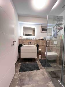 ein Bad mit einem Waschbecken, einem WC und einer Dusche in der Unterkunft Exquisite-Suite für Comfort & Gemütlichkeit Parkplatz ,Terrasse, WLAN 