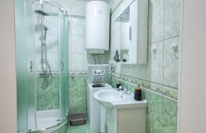 a bathroom with a sink and a shower at Apartman Plitvice Happy Home in Plitvička Jezera