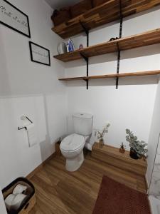 a bathroom with a toilet and shelves on the wall at Cosy T2 entre terre et mer in Montpellier
