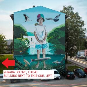 une peinture murale d'un garçon debout sur un dauphin et des oiseaux dans l'établissement Blue Apartment, à Bihać