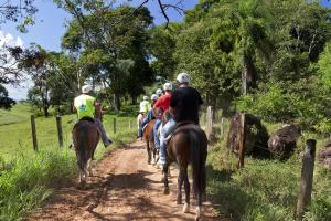 Un gruppo di persone che cavalcano su una strada sterrata. di Hotel Fazenda Campo dos Sonhos a Socorro