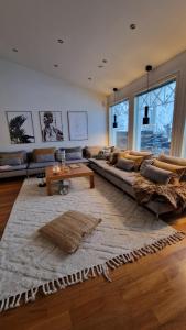 ロヴァニエミにあるArctic Circle Luxury Houseのソファとテーブルのあるリビングルーム