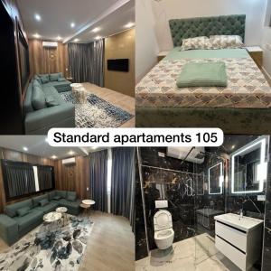 un collage de trois photos d'une chambre d'hôtel dans l'établissement Holiday apartaments, à Tirana