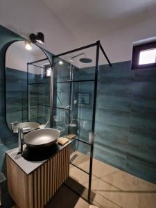 y baño con lavabo y ducha. en Maximus Apartments en Sighişoara