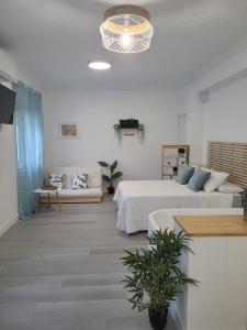 uma sala de estar com duas camas e um sofá em APARTAMENTO LOFT DELUXE INTERIOR Y EXTERIOR em El Bosque