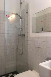 a bathroom with a shower with a glass door at Art-Apartment-Leo in Bremerhaven