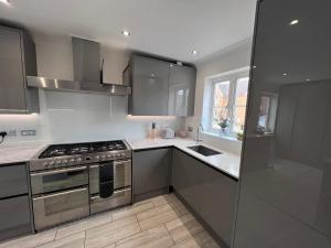 a kitchen with stainless steel appliances and a sink at Thistle House - hot tub, parking in Kent